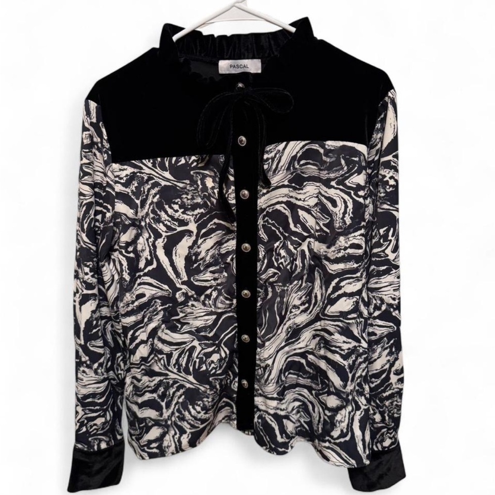 Pascal Black and White Button-Up Blouse with Tie Neck and Velvet accents